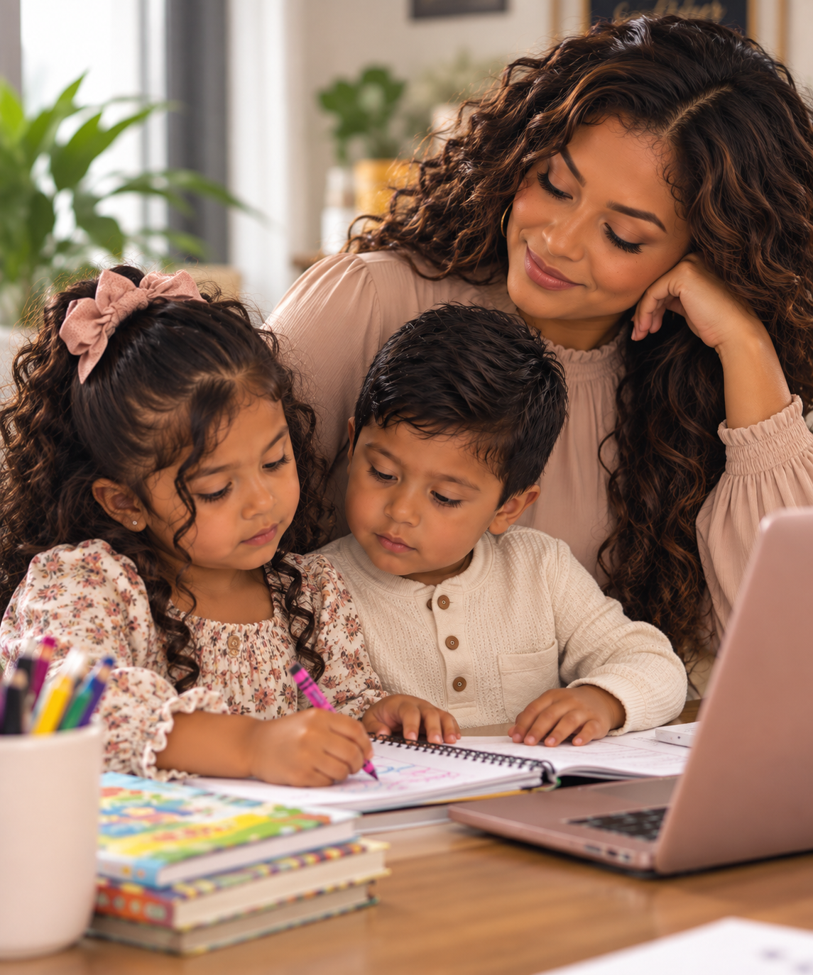 A woman with long curly hair and two children, a girl and a boy, sitting at a table doing homework together in a cozy room with plants and books.