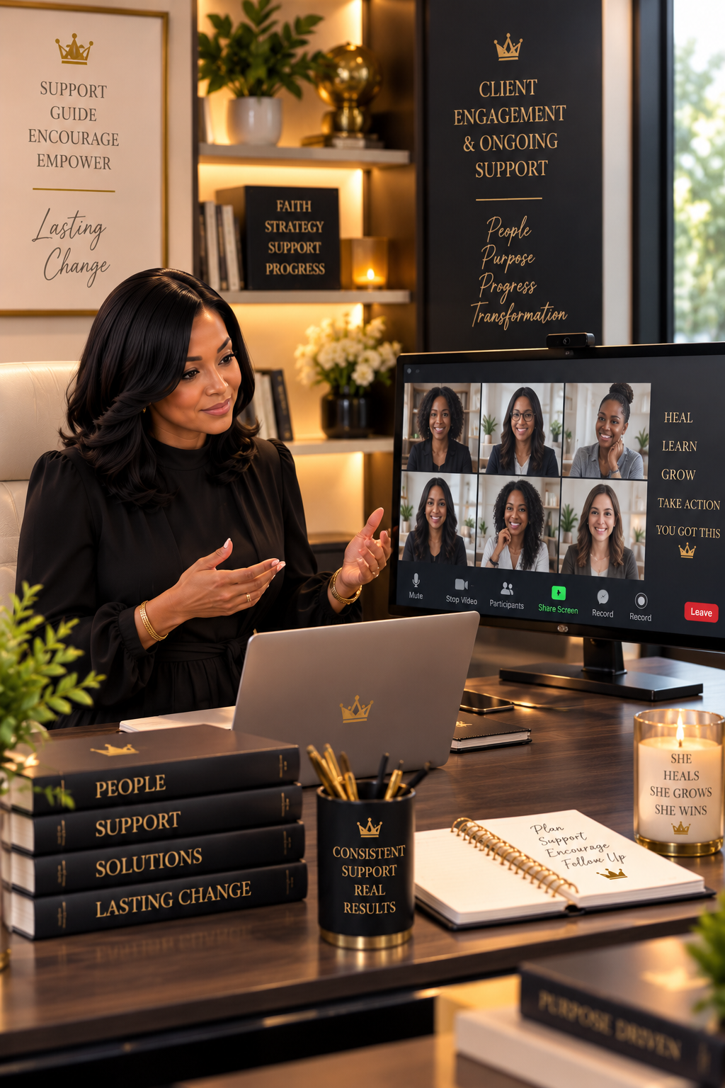 A woman participating in a virtual meeting with seven other women smiling on a computer screen in a modern office decorated with motivational posters and books about support, growth, and change.