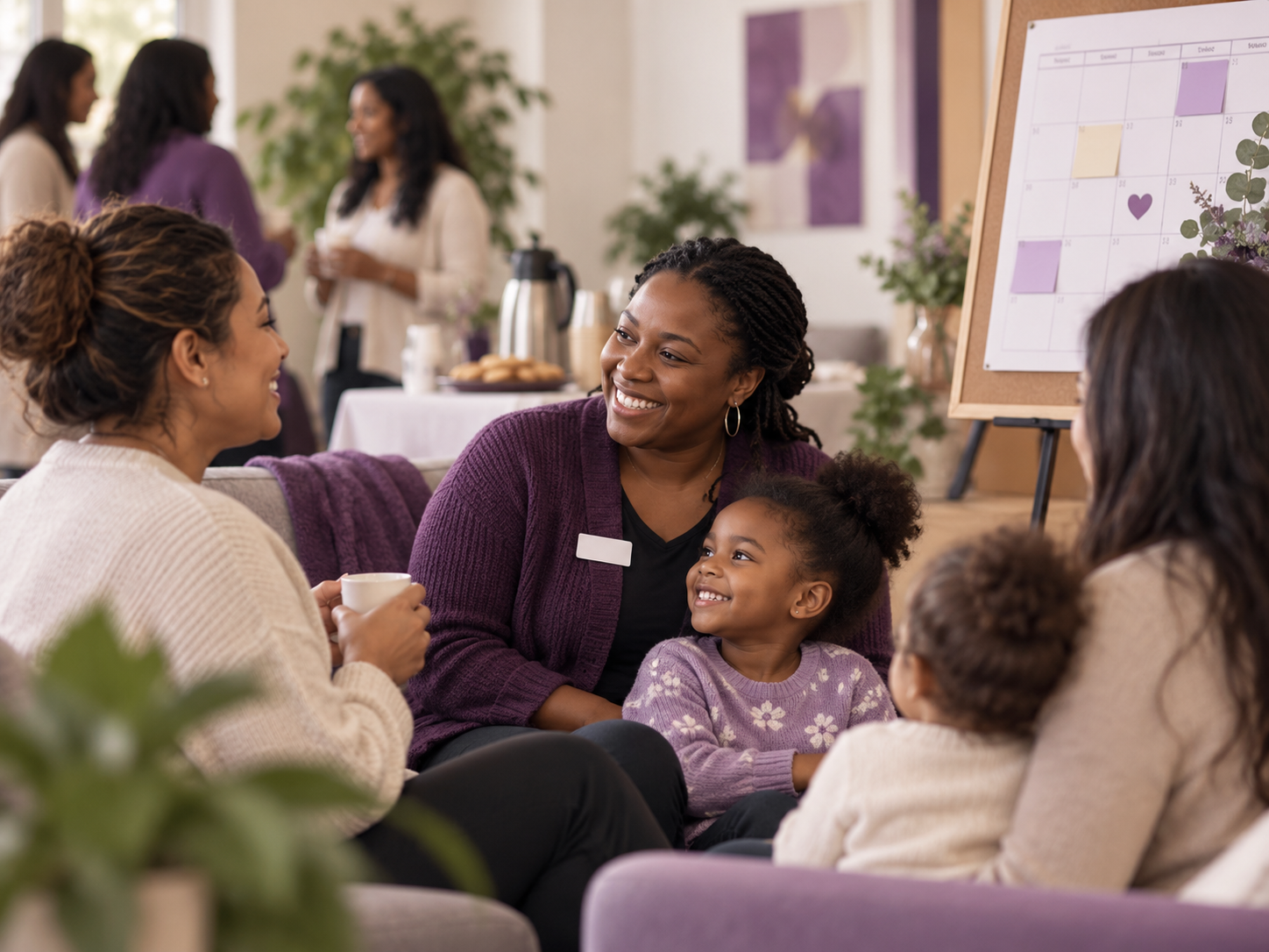 Group of women and children gathered in a cozy indoor setting, smiling and conversing, with a woman holding a mug, a child wearing a purple sweater, and a calendar on an easel in the background.