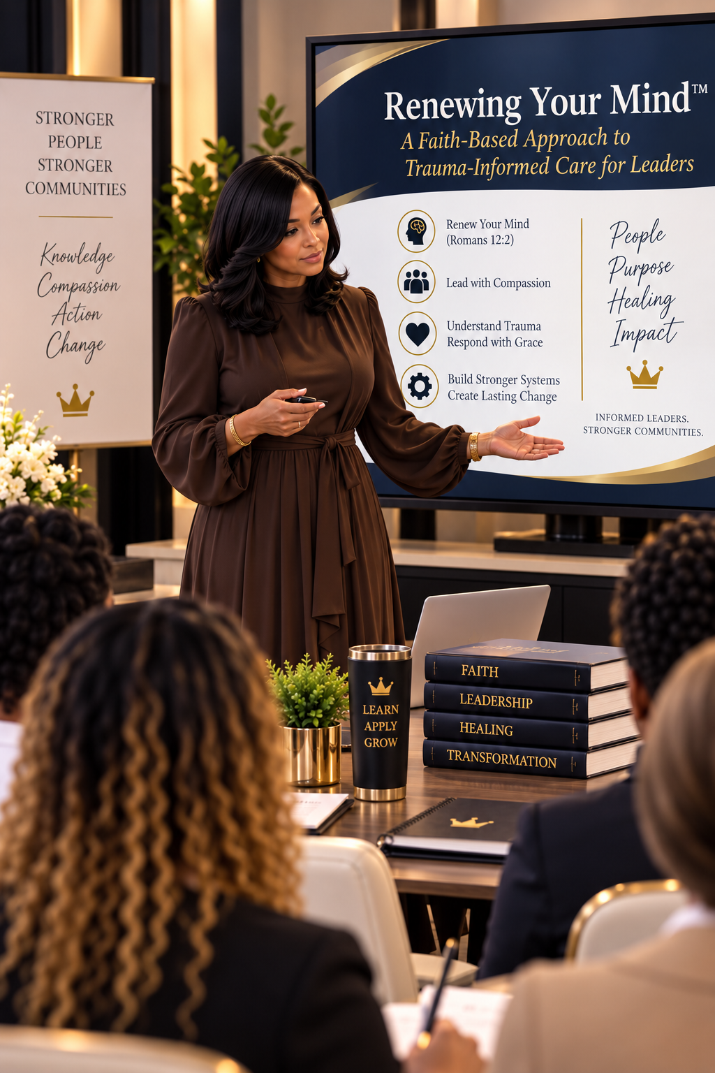A woman giving a presentation on trauma-informed care to leaders, with slides displaying points about renewing the mind, leading with compassion, understanding trauma, and building stronger systems. Audience members are seated at a table with books labeled 'Faith,' 'Leadership,' 'Healing,' and 'Transformation' and a black tumbler reading 'Learn Apply Grow.'