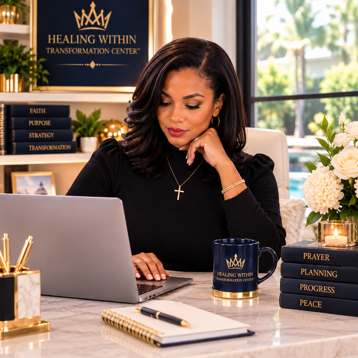 A woman with dark, styled hair sitting at a desk, looking down thoughtfully at her laptop, surrounded by motivational books and decor, with the words "Healing Within Transformation Center" visible on a sign behind her.