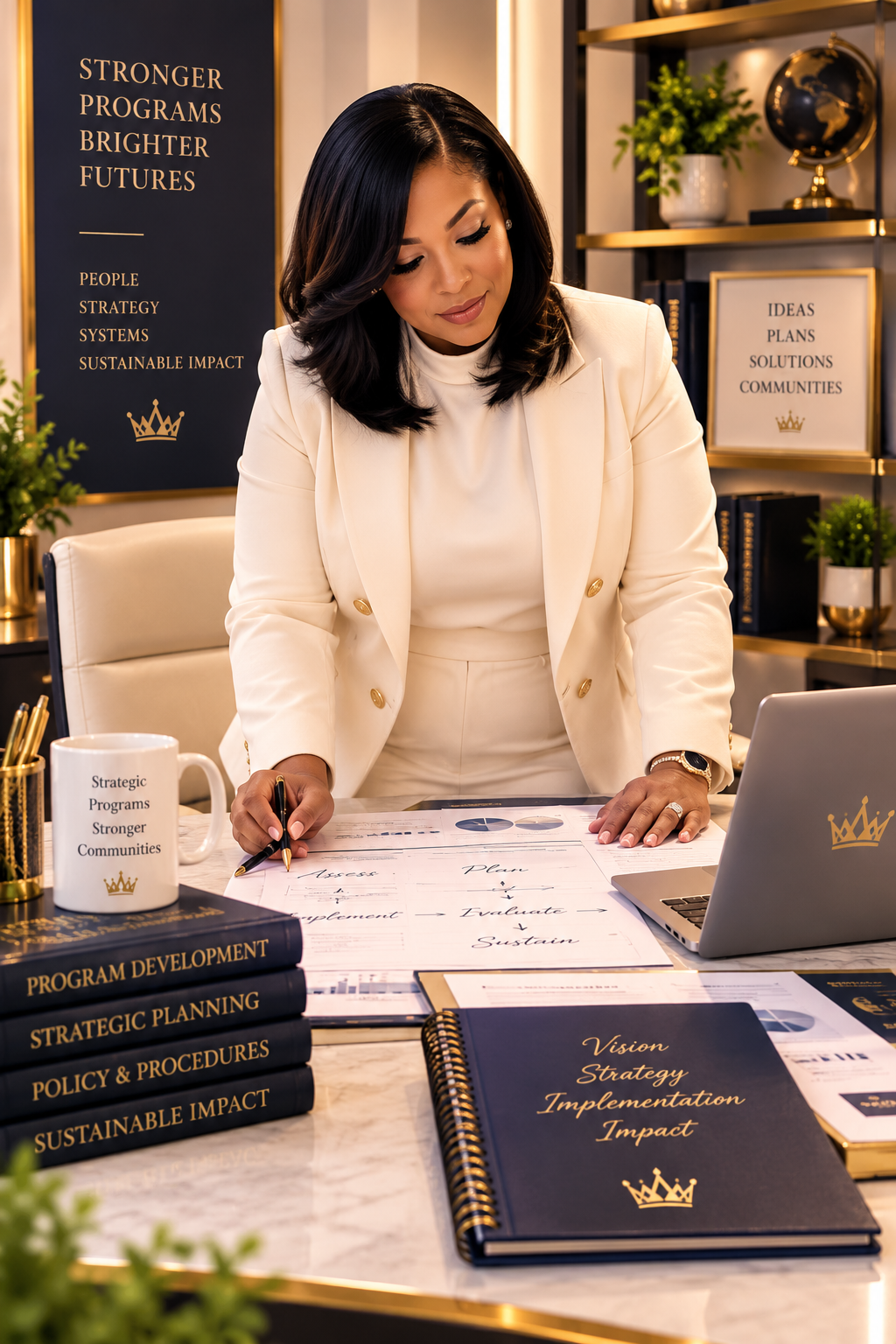 Woman in a cream-colored suit working at a desk surrounded by documents, books, and office supplies, with motivational posters and shelves in the background.