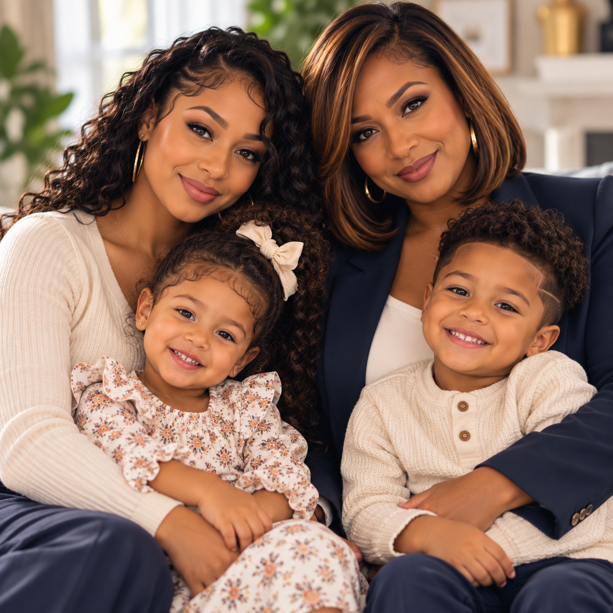 Two women and two children smiling and sitting close together in a living room.
