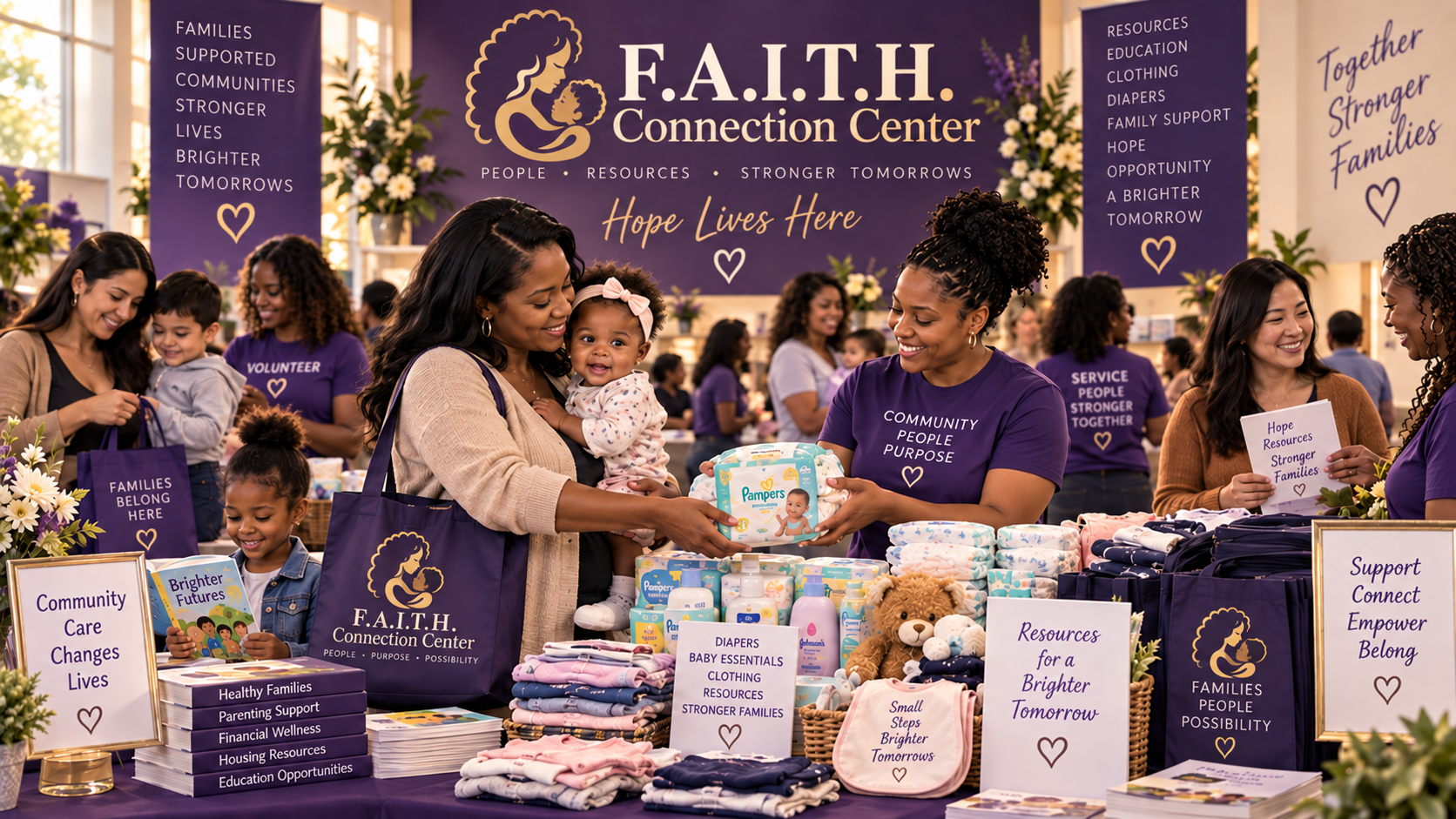 A diverse group of women and children at a community event, with tables displaying diaper supplies, books, and informational signs promoting family support, community empowerment, and brighter futures, under a purple banner for the F.A.I.T.H. Connection Center.