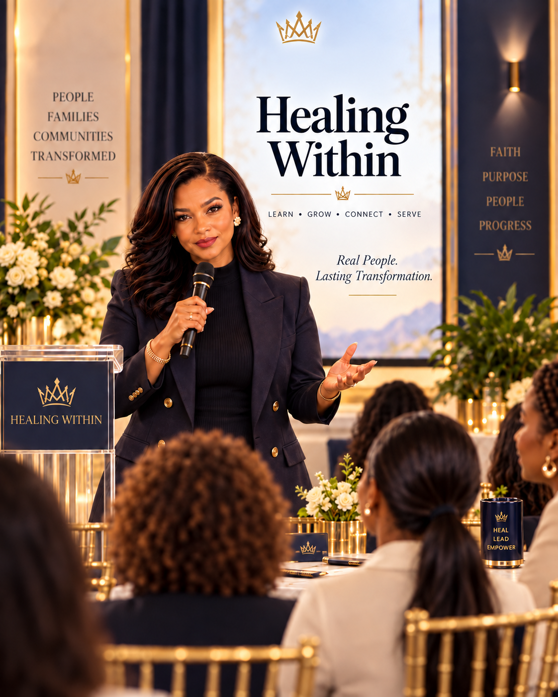 A woman giving a speech at a conference titled "Healing Within," with an audience present. The event is decorated with flowers, gold accents, and banners displaying words like 'People,' 'Families,' and 'Communities,' emphasizing themes of faith, purpose, and growth.