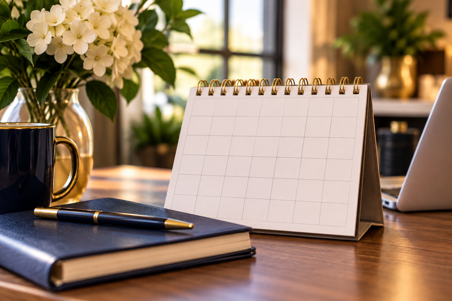 A desk with a black notebook and gold pen, a calendar, a black mug with gold trim, a gold vase with white flowers, and a laptop on a wooden table in front of a window.