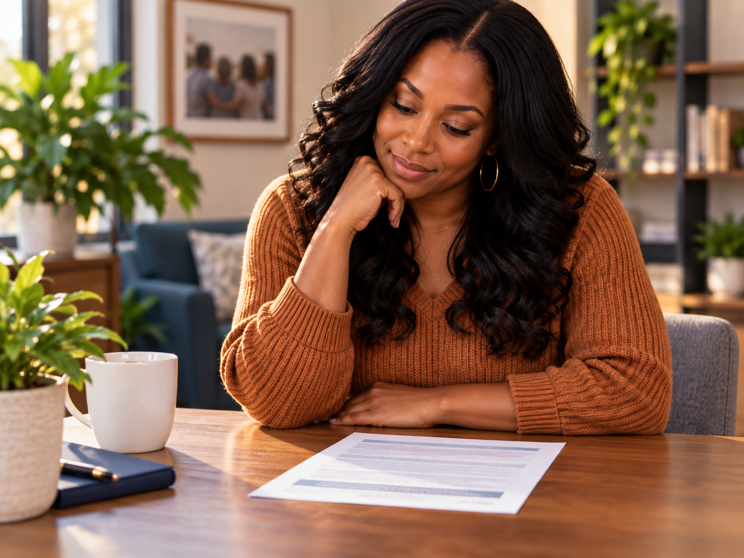 A woman with black curly hair and hoop earrings, wearing a brown sweater, is sitting at a wooden table with a document in front of her. She has a thoughtful expression, resting her head on her left hand. There is a white mug, a pen, and a closed notebook on the table. The background shows a cozy interior with plants, a framed photo, and shelves.
