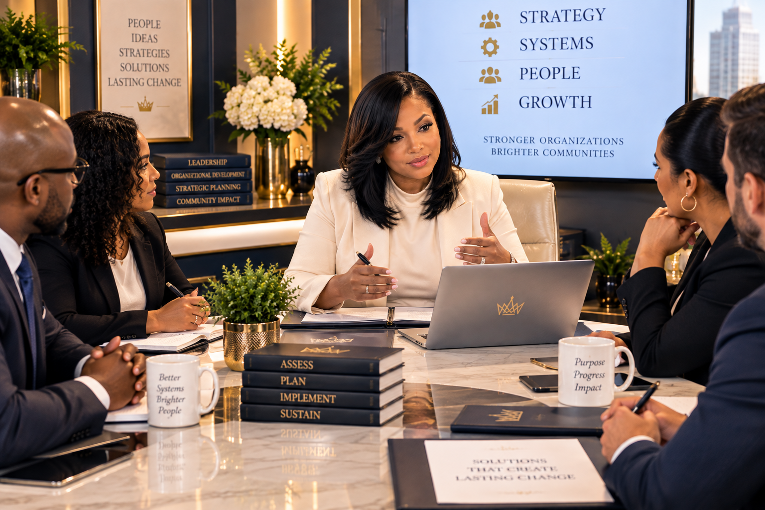 A businesswoman leading a meeting with four colleagues around a marble conference table, with books, mugs, and a laptop, in a professional office setting.