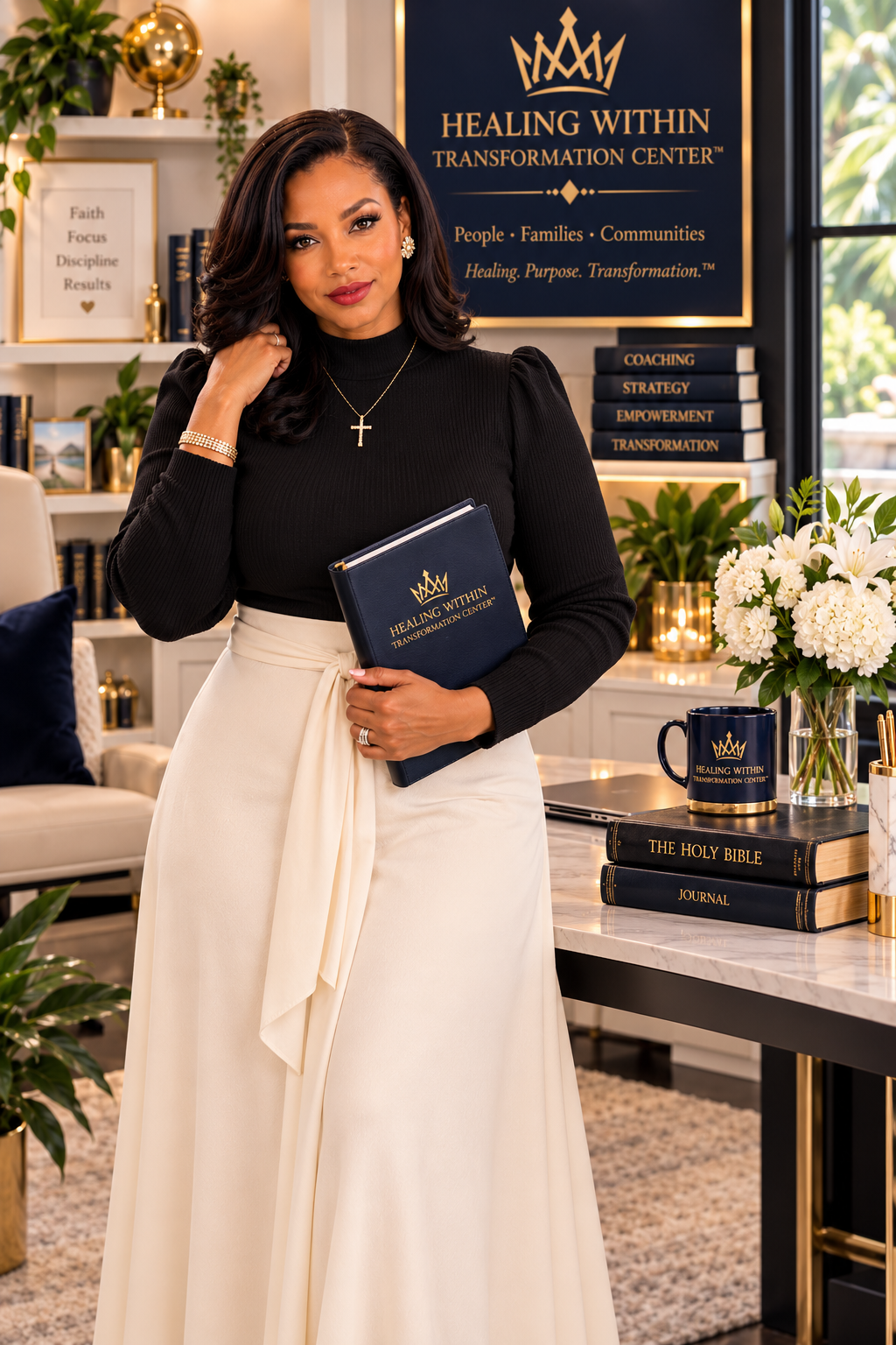 A woman holding a navy blue Bible with gold lettering, standing in a well-decorated office space with books, plants, and a sign for the Healing Within Transformation Center in the background.