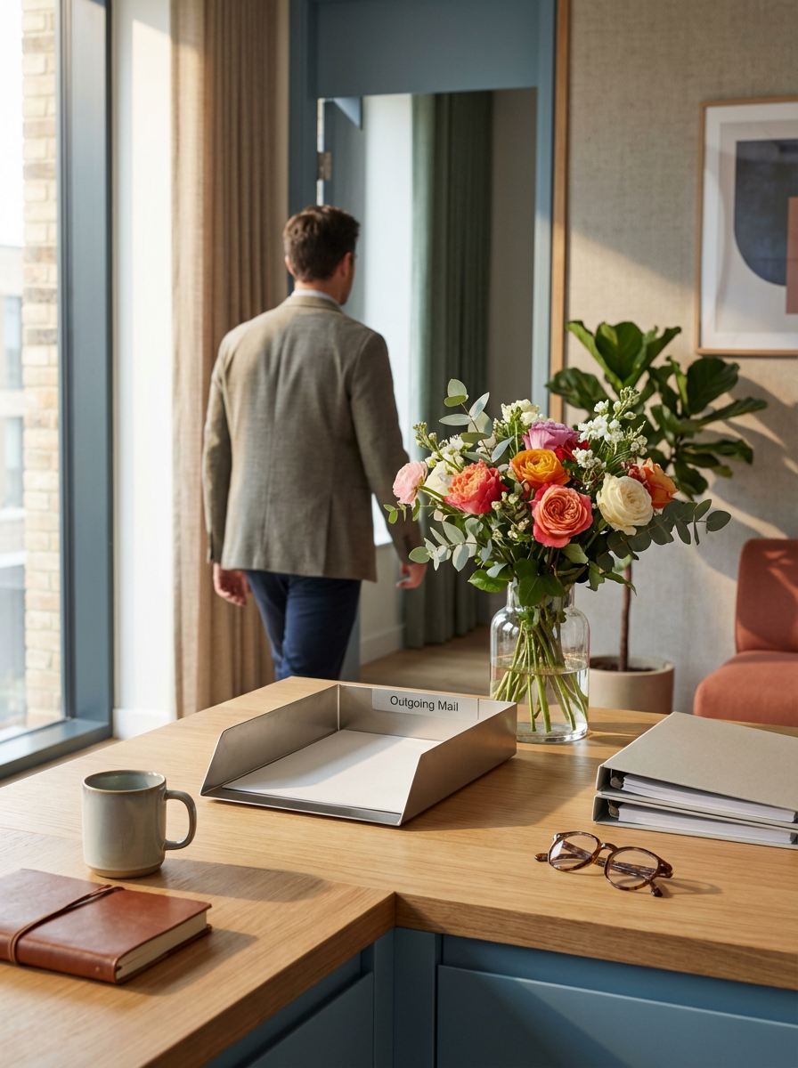 A man is walking away from a desk in an office or conference room, with a large vase of colorful flowers, a coffee mug, a pair of glasses, and folders on the desk. The desk has an empty mail tray labeled 'Outgoing Mail'.