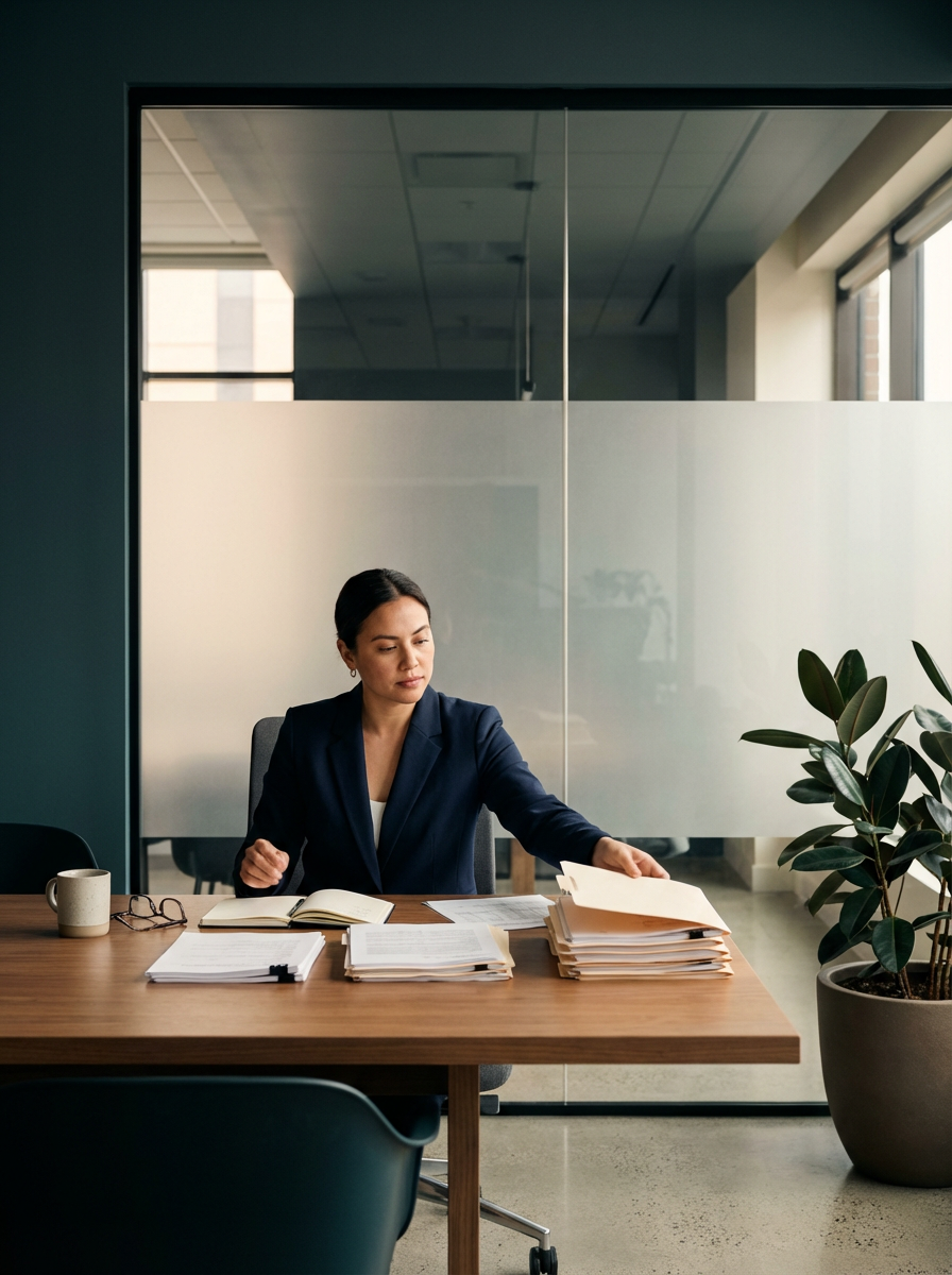 A woman in business attire sitting at a desk with files and papers, reaching for a document in a modern office with large windows and a potted plant.