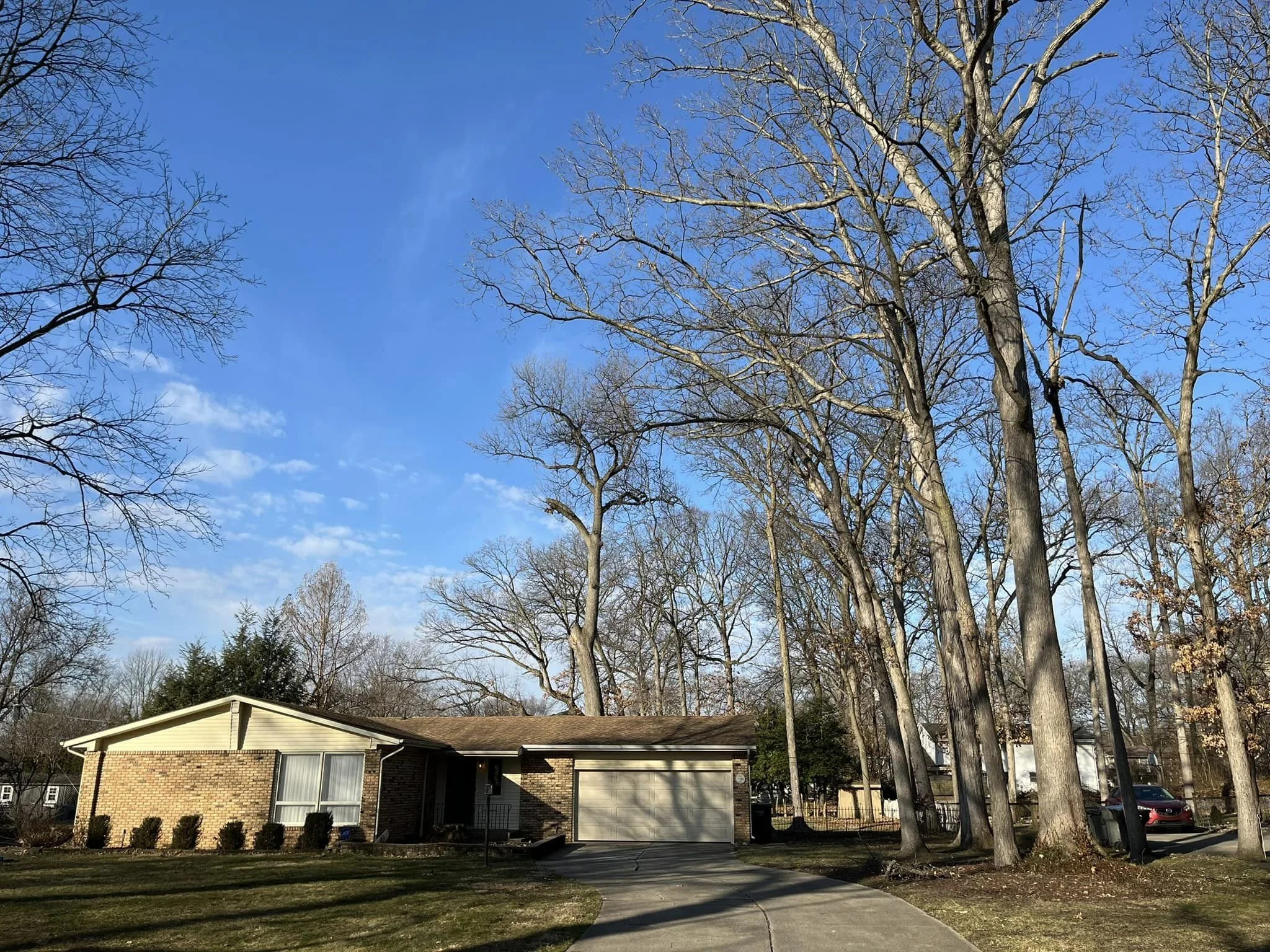 A suburban house with a brick exterior, a two-car garage, and a front lawn. Tall, leafless trees surround the house under a clear blue sky.