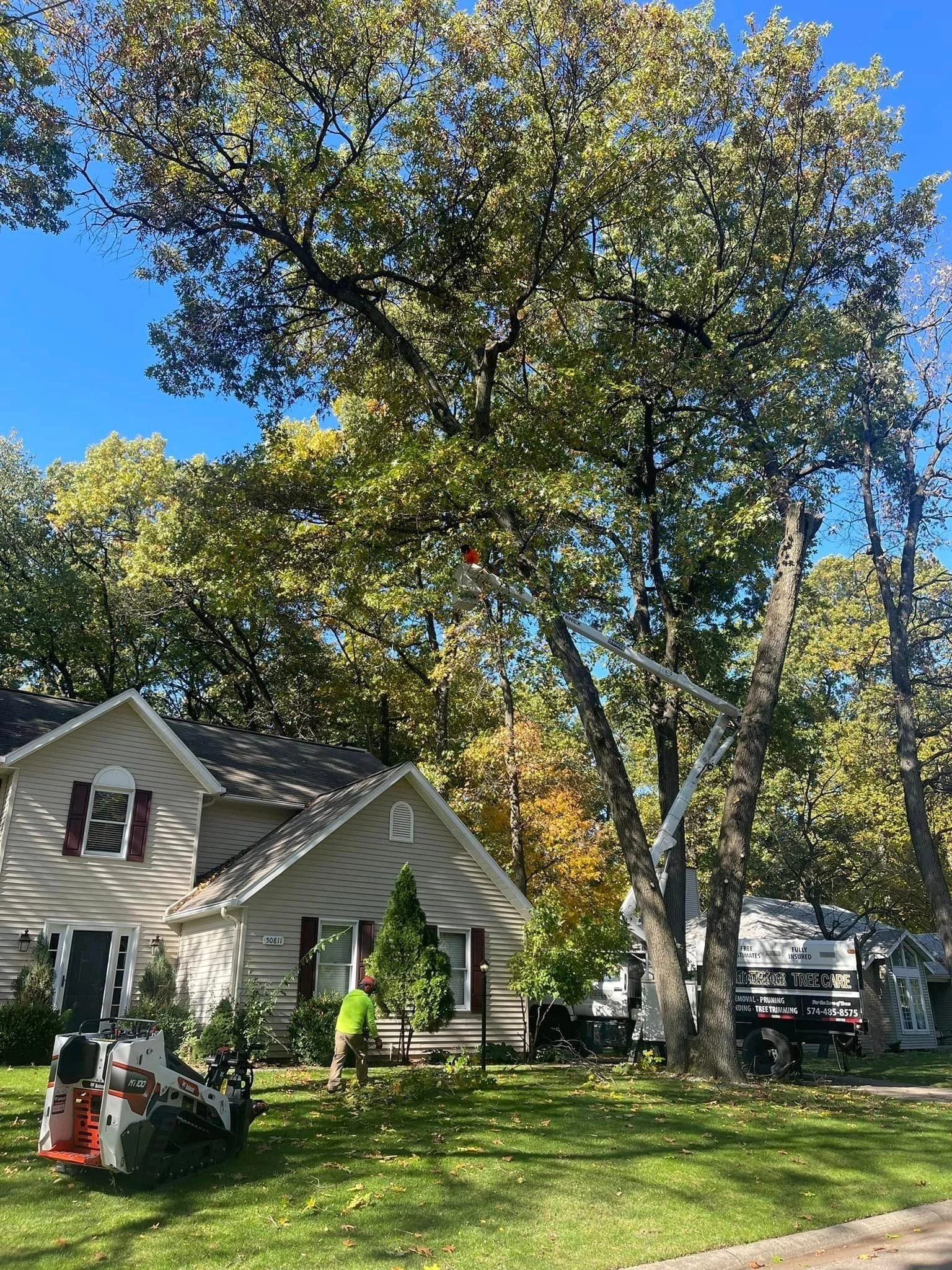 Crew trimming tall trees over a two-story house from a bucket truck while a worker rakes up debris