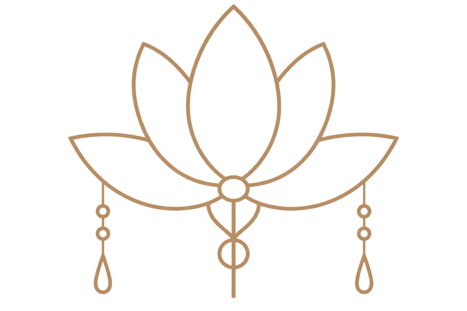 A glowing, semi-transparent outline of a lotus flower with hanging teardrop-shaped ornaments against a dark background.