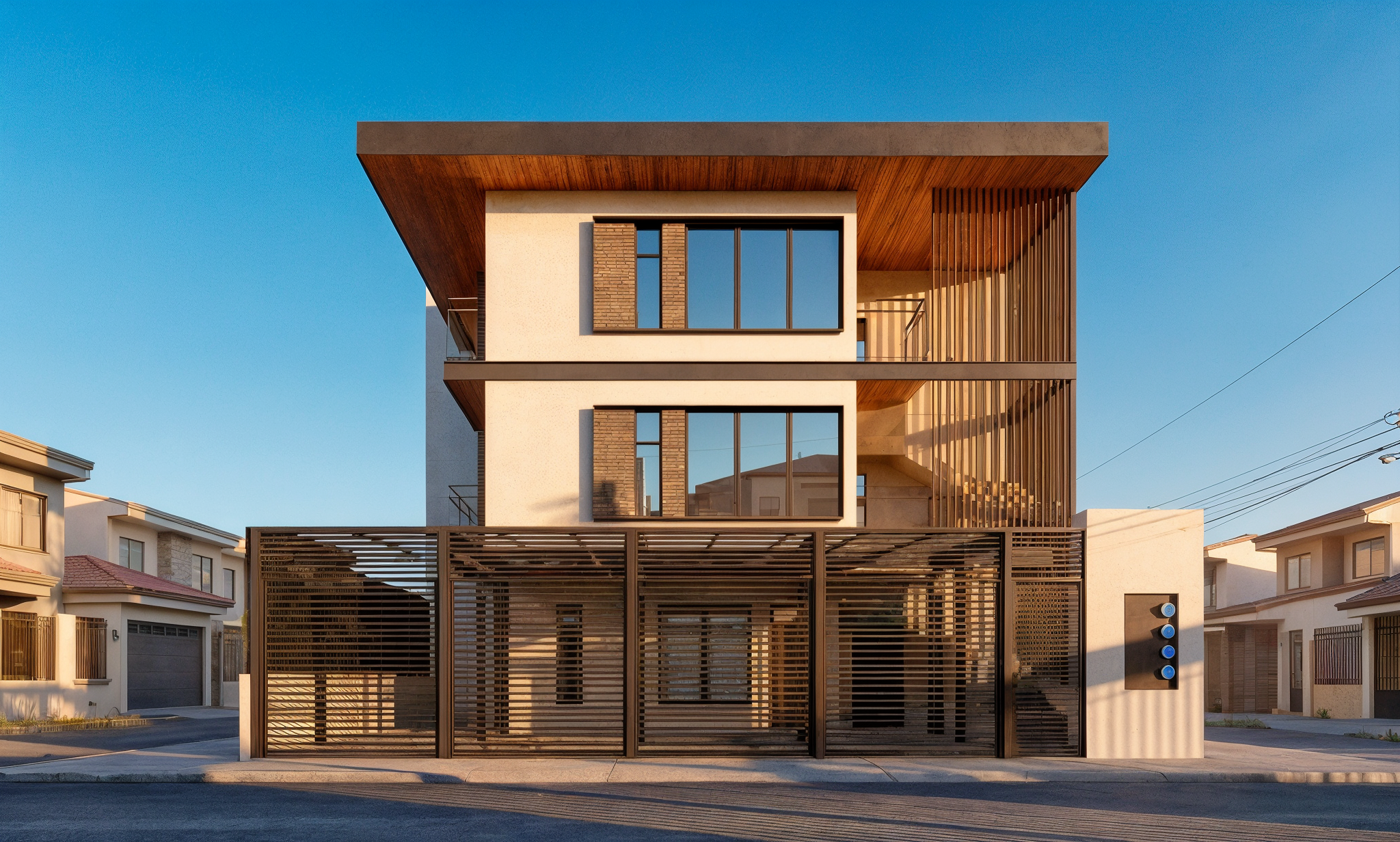 Modern multi-story house with large windows, wooden accents, and a gated front entrance under a clear blue sky.