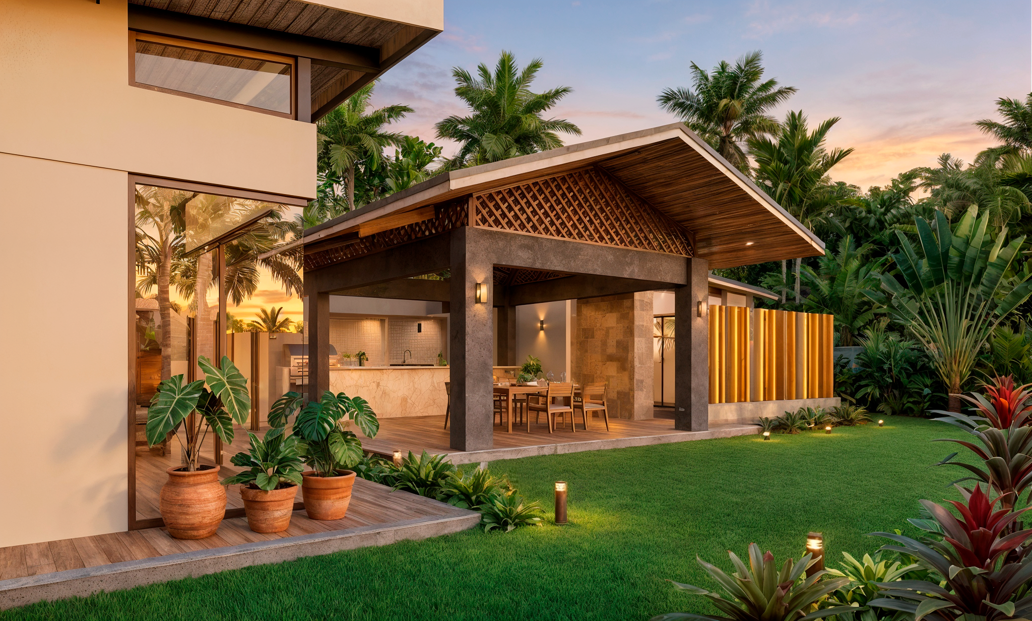 Modern house with an outdoor patio, surrounded by lush tropical plants and trees at sunset.