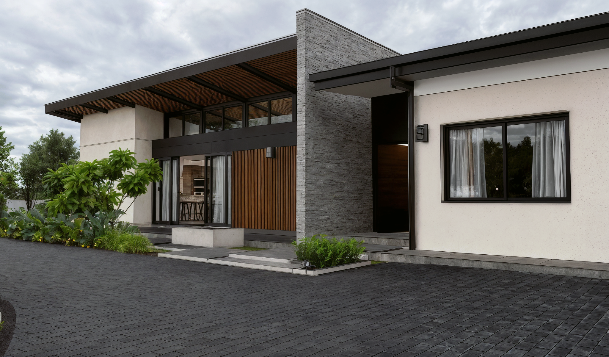 Modern house with large black-framed windows, a mix of white, gray stone, and wood exterior, and landscaped front yard with greenery under a cloudy sky.