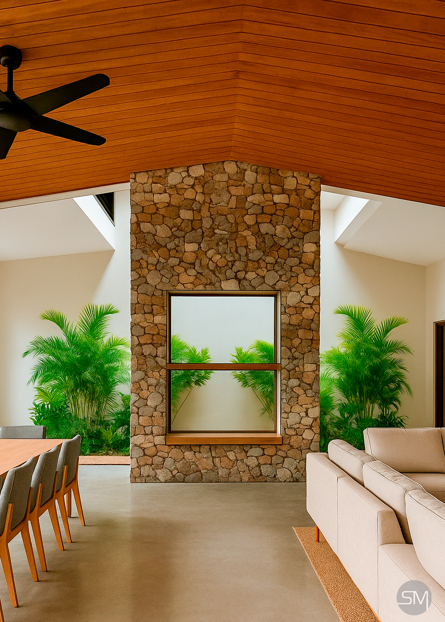 Living room with beige sofa, wooden dining table and chairs, stone accent wall with window, ceiling fan, and large green plants.