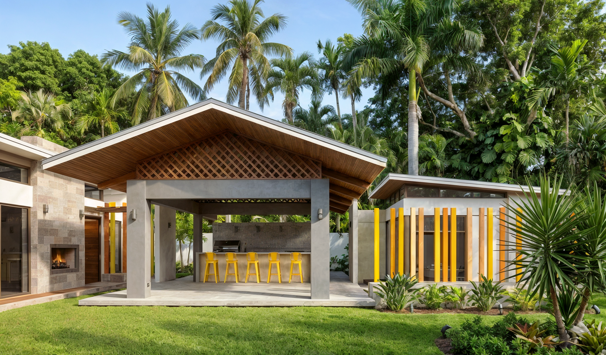 Modern house with a front porch, yellow chairs, a fireplace, and lush green tropical trees in the background.
