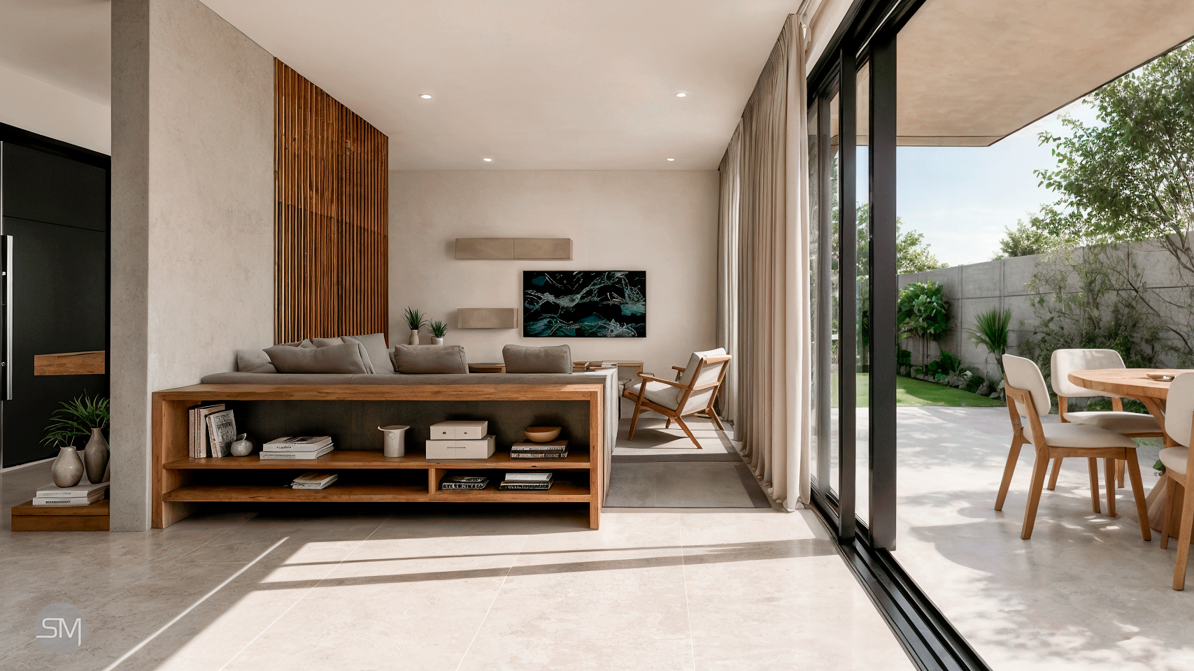 Modern living room with beige walls, a gray sofa, a wooden bookshelf with books and decor, and a flat-screen TV on the wall. Large glass sliding doors open to an outdoor patio with a dining table and chairs, surrounded by greenery.