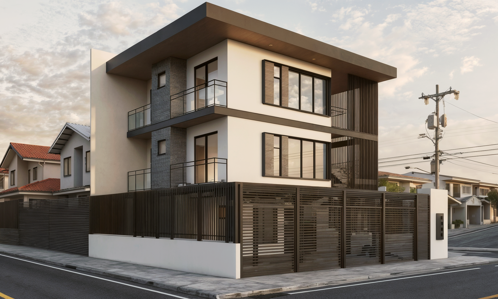 Modern three-story residential building with white walls, large glass windows, and black accents, surrounded by a black metal fence.