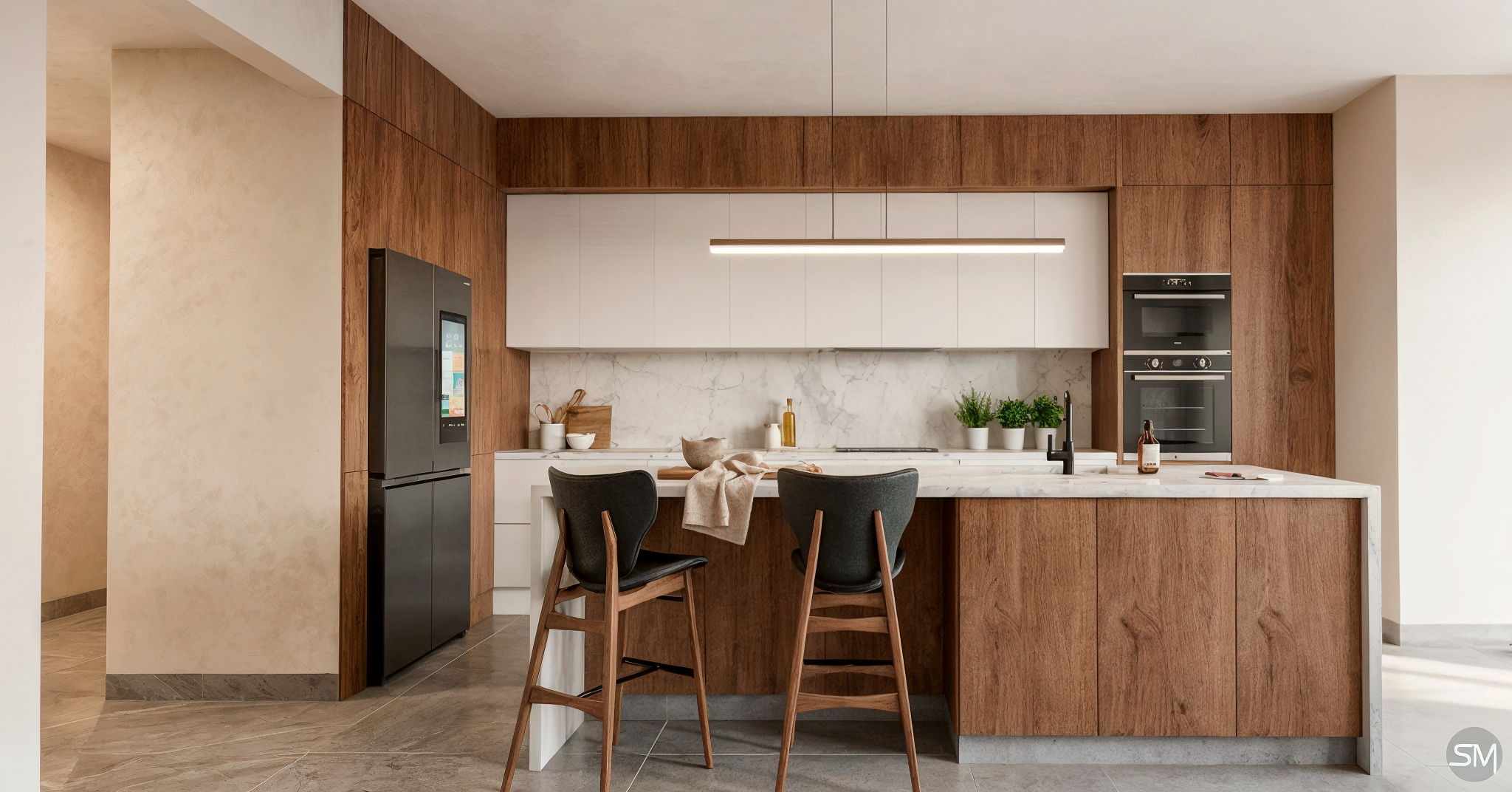 Modern kitchen with white and wood cabinets, marble backsplash, black appliances, and dining chairs.