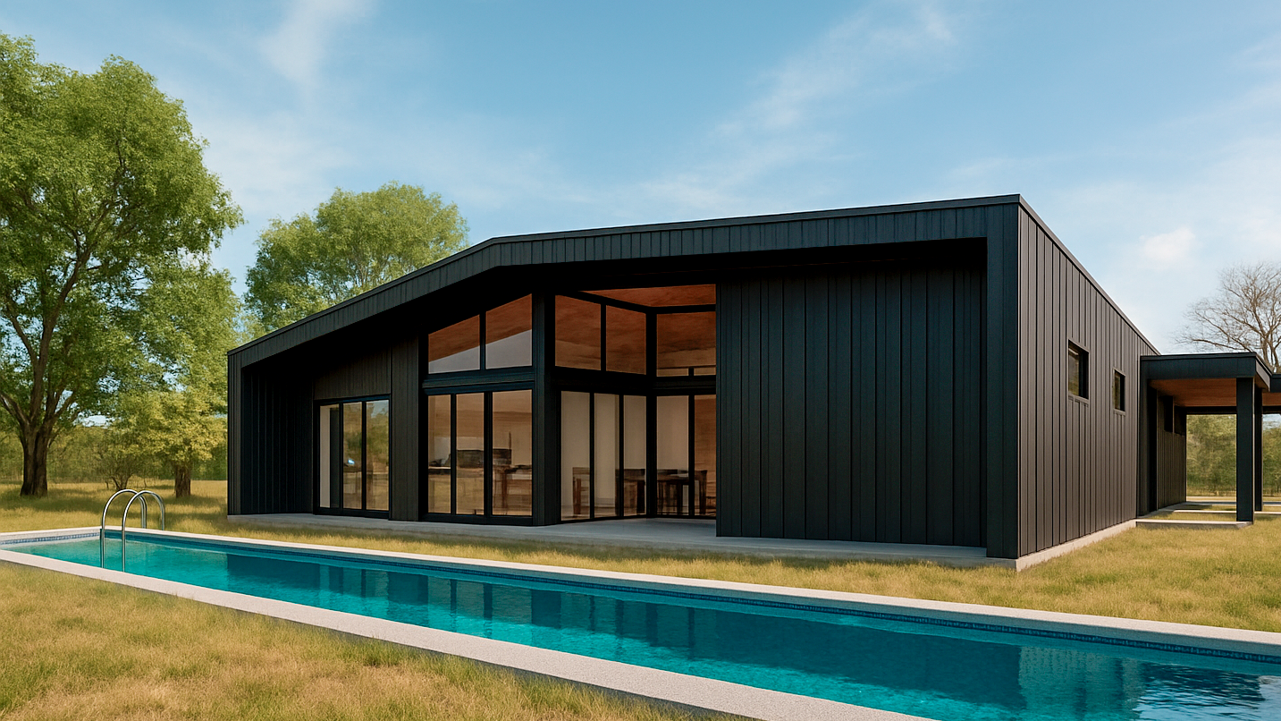 Modern black house with large glass windows and sliding doors, outdoor pool, surrounded by green grass and trees under a blue sky.