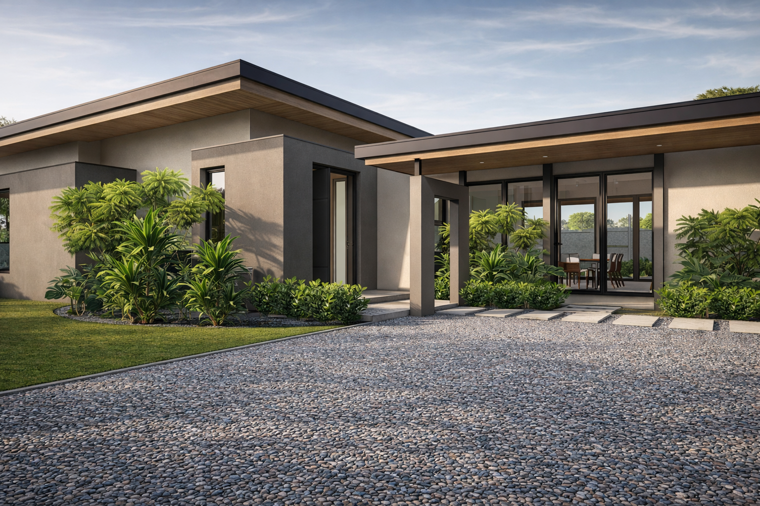 Modern house with a gravel driveway, lush green plants, and large glass sliding doors leading to an outdoor patio area.
