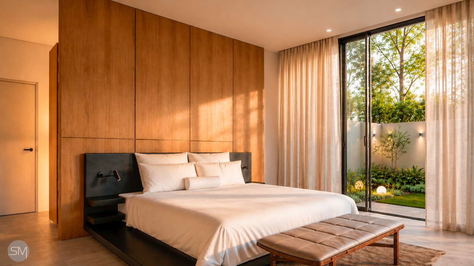 Modern bedroom with wooden accent wall, large bed with white linens, and sliding glass door leading to a garden with trees and outdoor lighting.