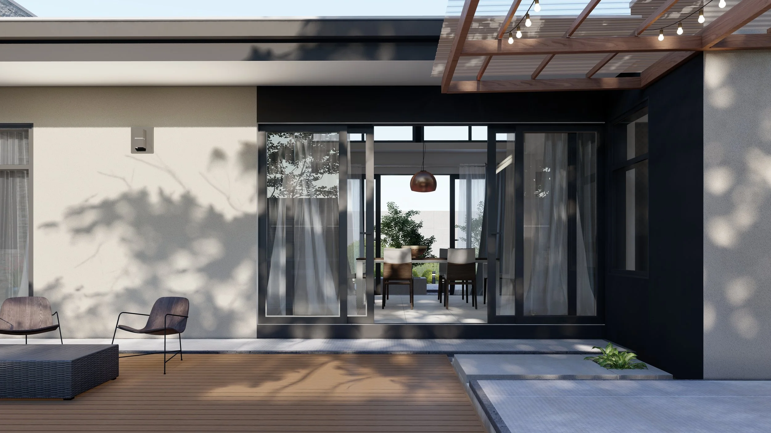 Modern house patio with glass doors, outdoor seating, and string lights overhead.