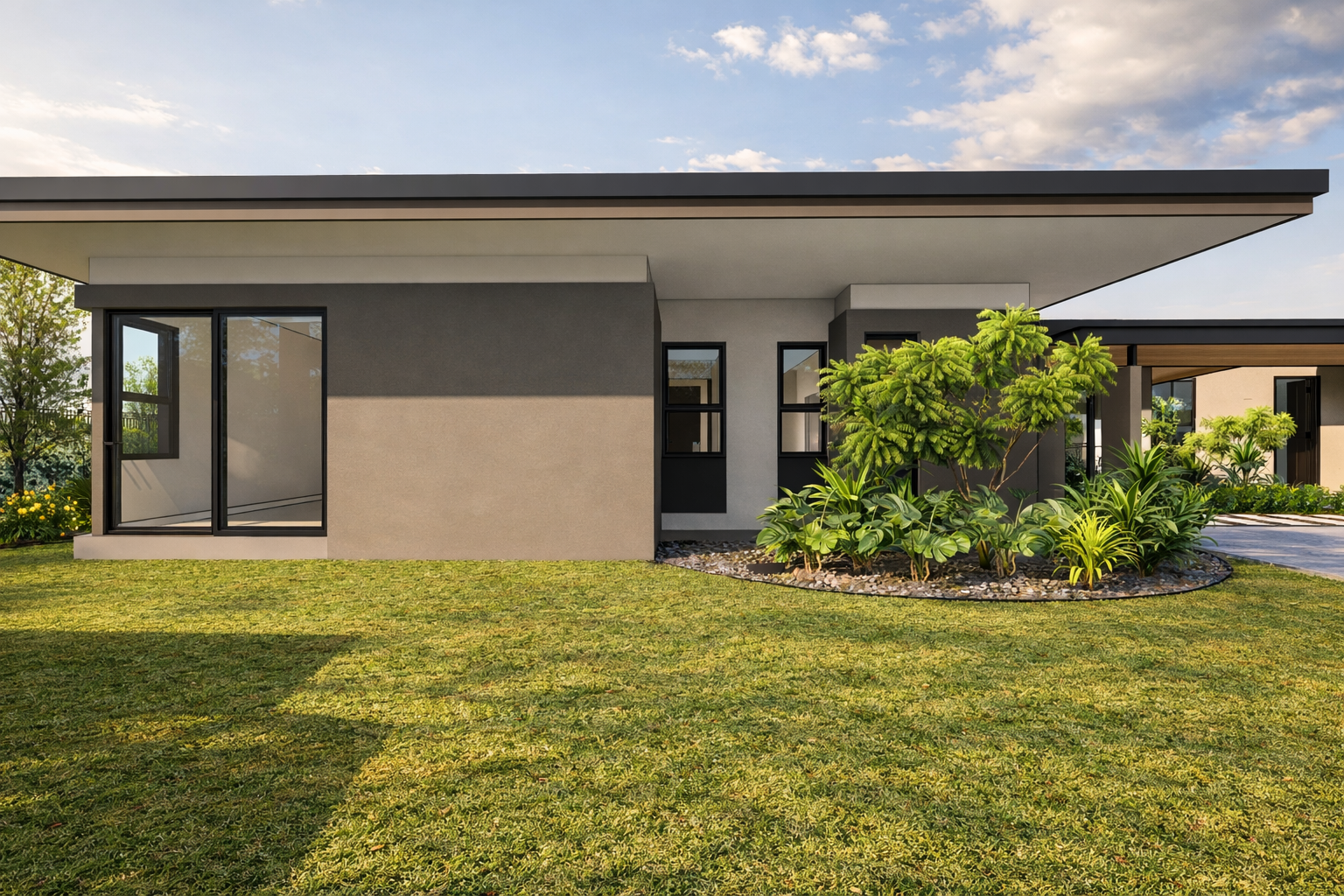 Modern house with large windows, a flat roof, and a landscaping area with green plants and shrubs in the front yard.
