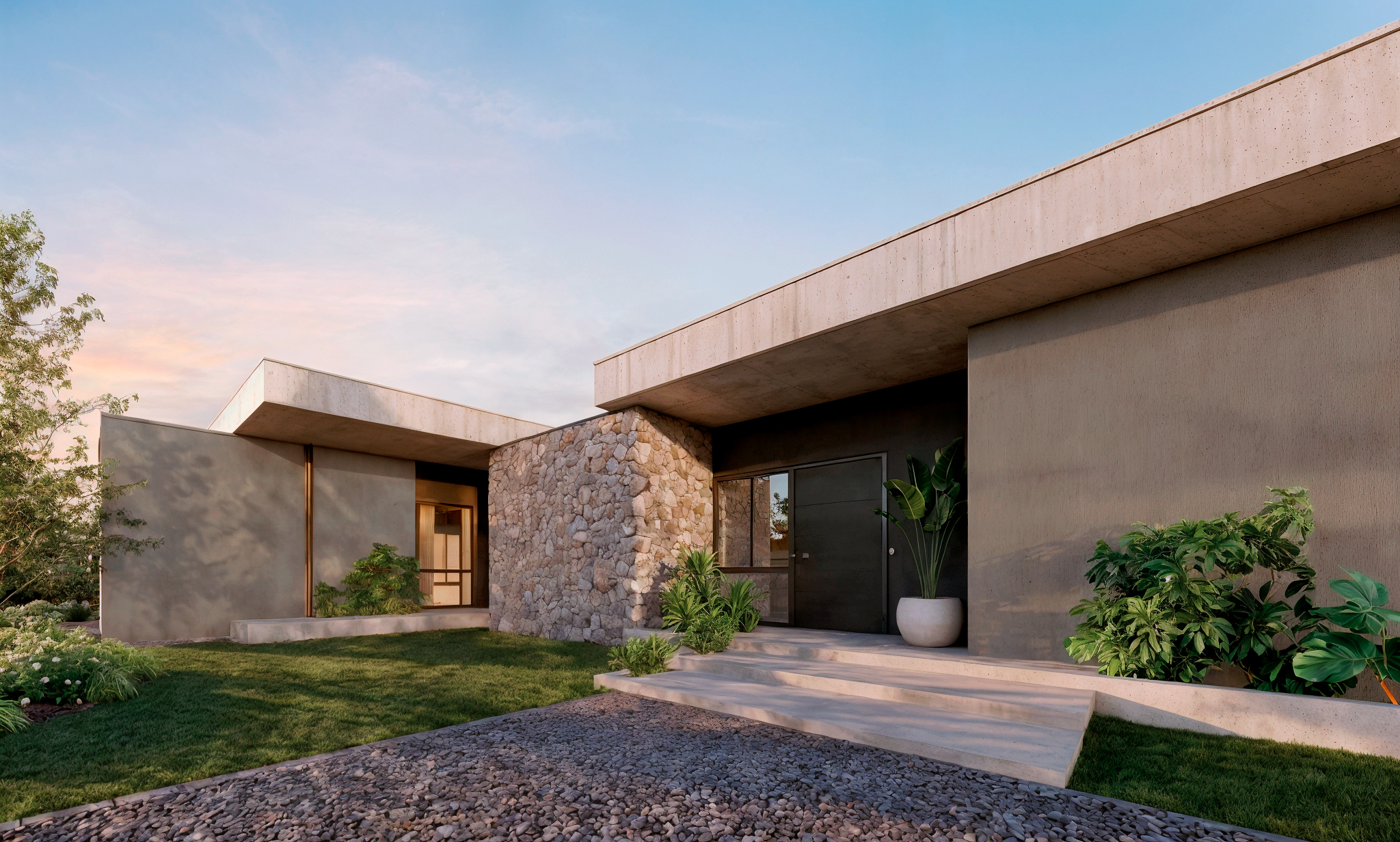 Modern house with stone and concrete exterior, surrounded by greenery, under a clear sky at sunset.