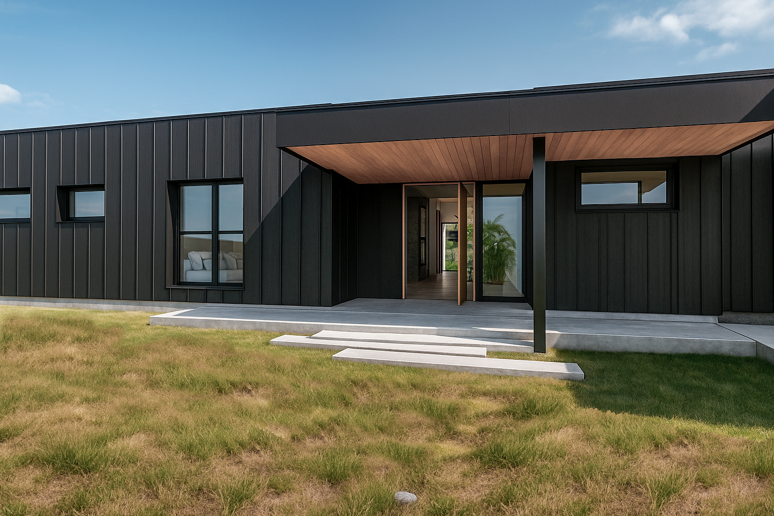 Modern black house with large windows, wooden canopy, entrance steps, and lush green lawn.