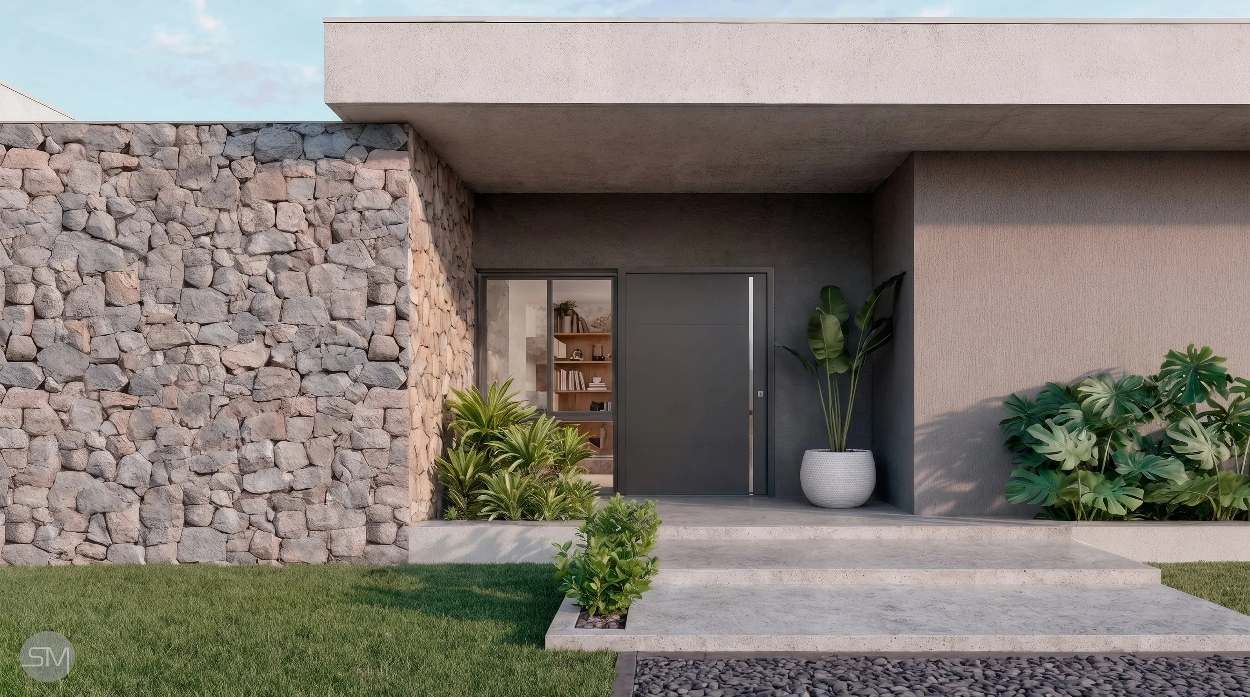 Modern house entrance with stone wall, gray door, potted plants, and well-maintained green lawn.
