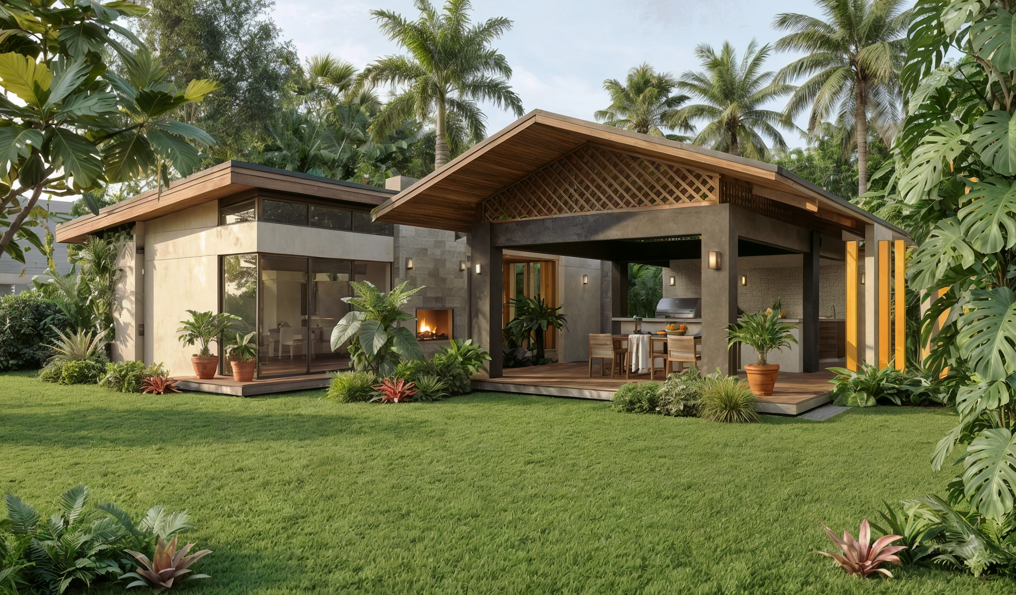 Modern house with a patio, grill, and fireplace surrounded by lush green grass and tropical plants, with tall palm trees in the background under a partly cloudy sky.