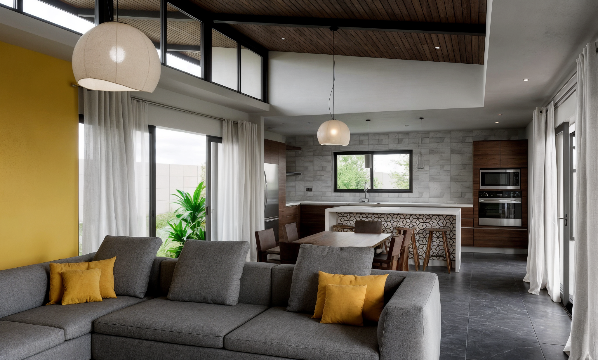 A modern open-concept living room and kitchen with large windows, white curtains, gray sofas with yellow pillows, a wooden dining table with chairs, and a kitchen area with wood cabinets, gray tiled walls, and built-in appliances. Wooden ceiling pane