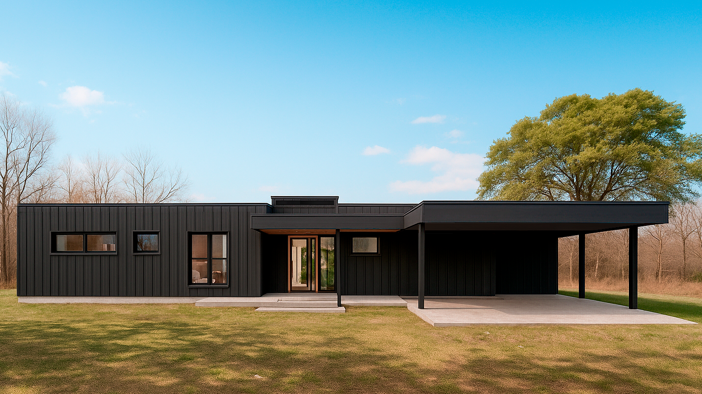 Modern black house with metal siding, large windows, front door, and a covered carport on the right, set on a grassy lawn with trees and blue sky in the background.