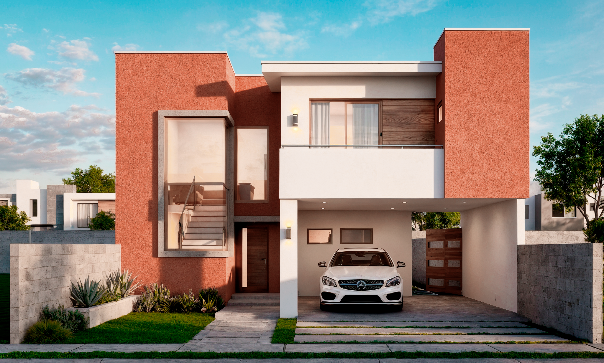 Modern two-story house with a car parked in the garage, featuring a combination of white, wood, and coral-colored walls, with landscaping and a blue sky.