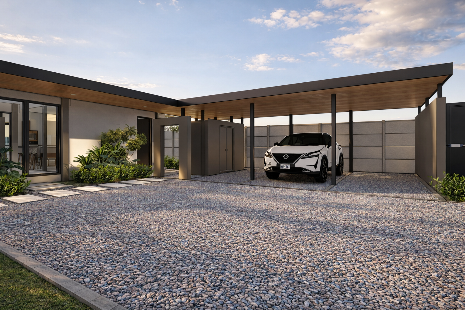 Modern house with a pebble driveway, a car parked under a wooden-carport, and plants near the entrance, with a concrete wall in the background and a partly cloudy sky.