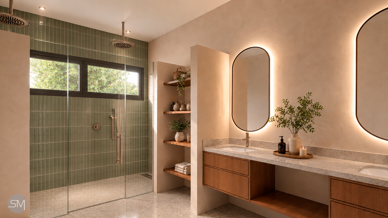 Modern bathroom with a glass-enclosed shower, wooden vanity with marble countertop, large mirror with backlighting, and decorative plants and candles.