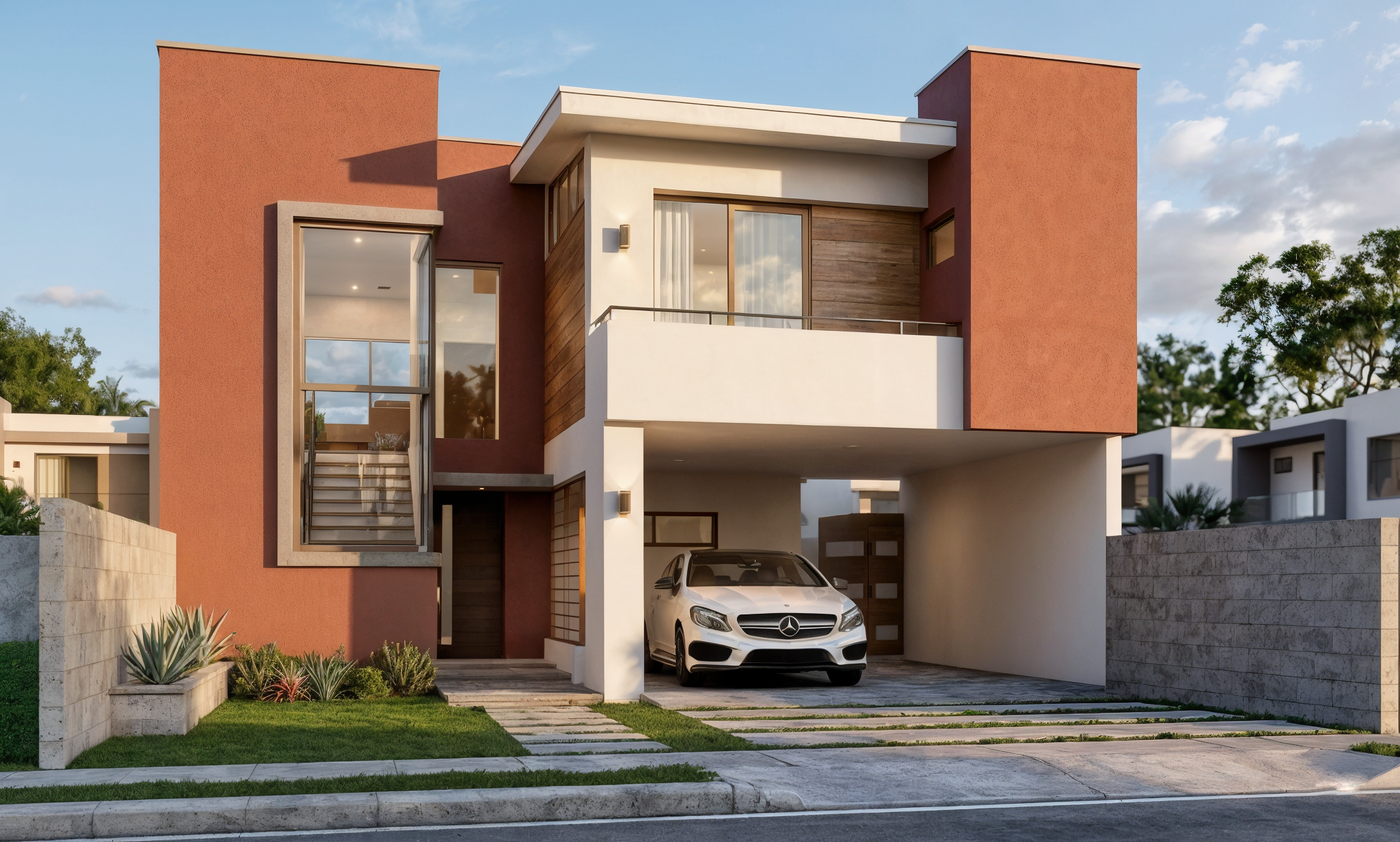 Modern two-story house with a garage, a white Mercedes-Benz parked inside, and contemporary architecture with clean lines and contrasting colors of red, white, and wood panels. The house has large windows, a balcony, and landscaped front yard with de
