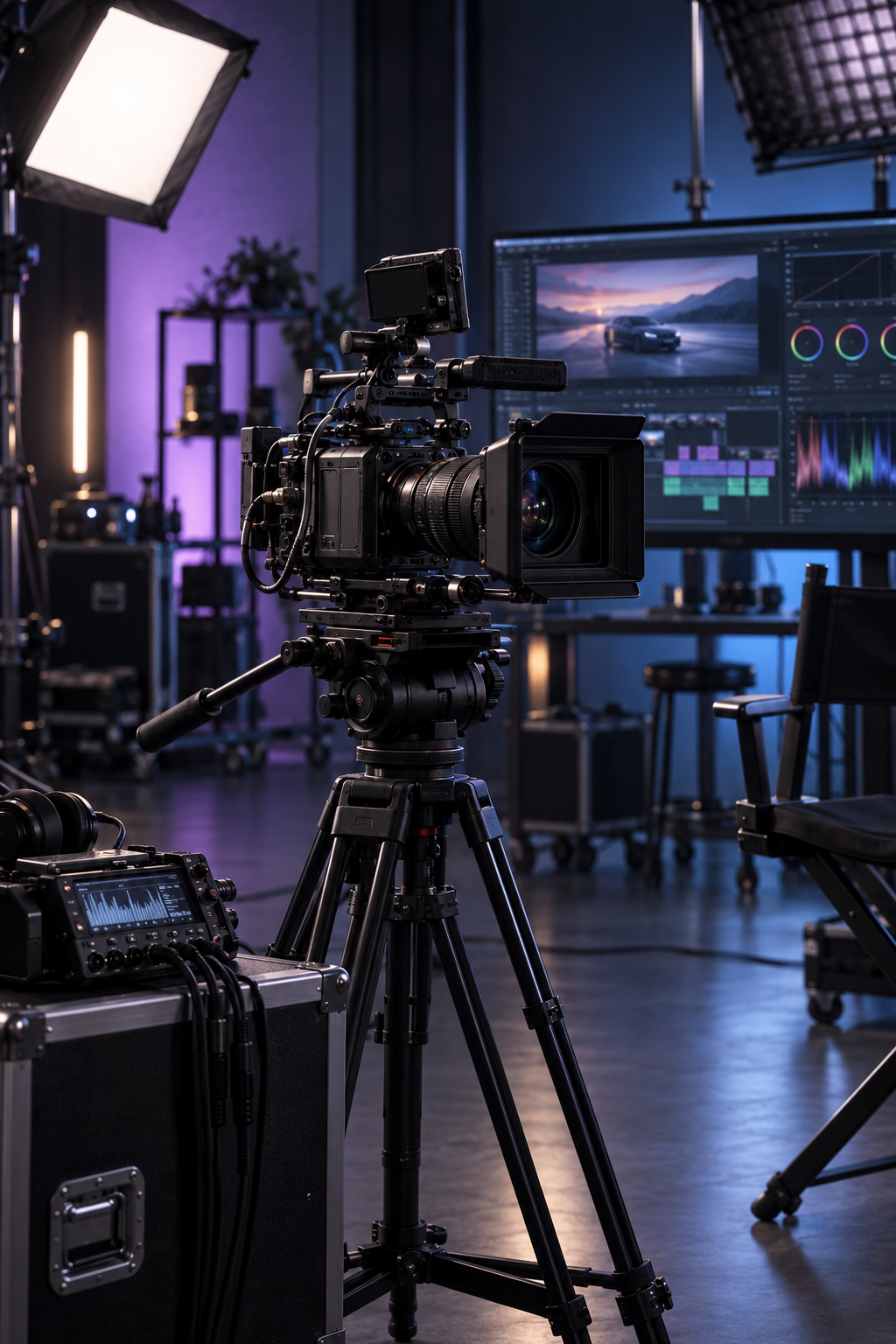 Professional cinema camera, audio recorder, studio lights, and video editing monitor.