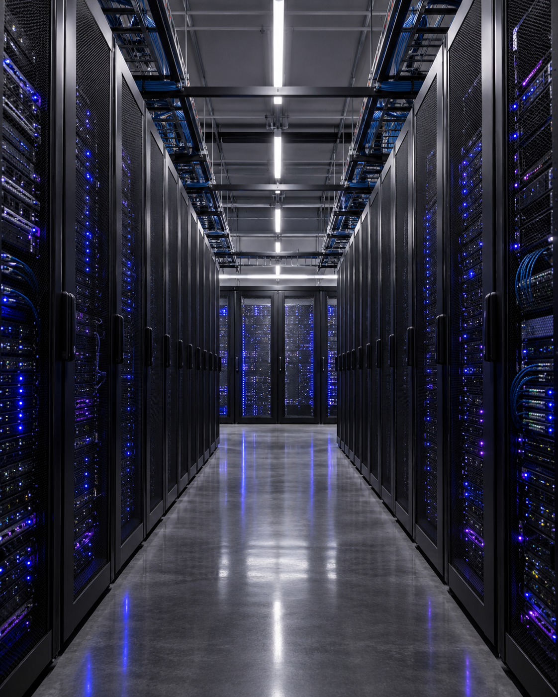 Modern enterprise data center with illuminated server racks.