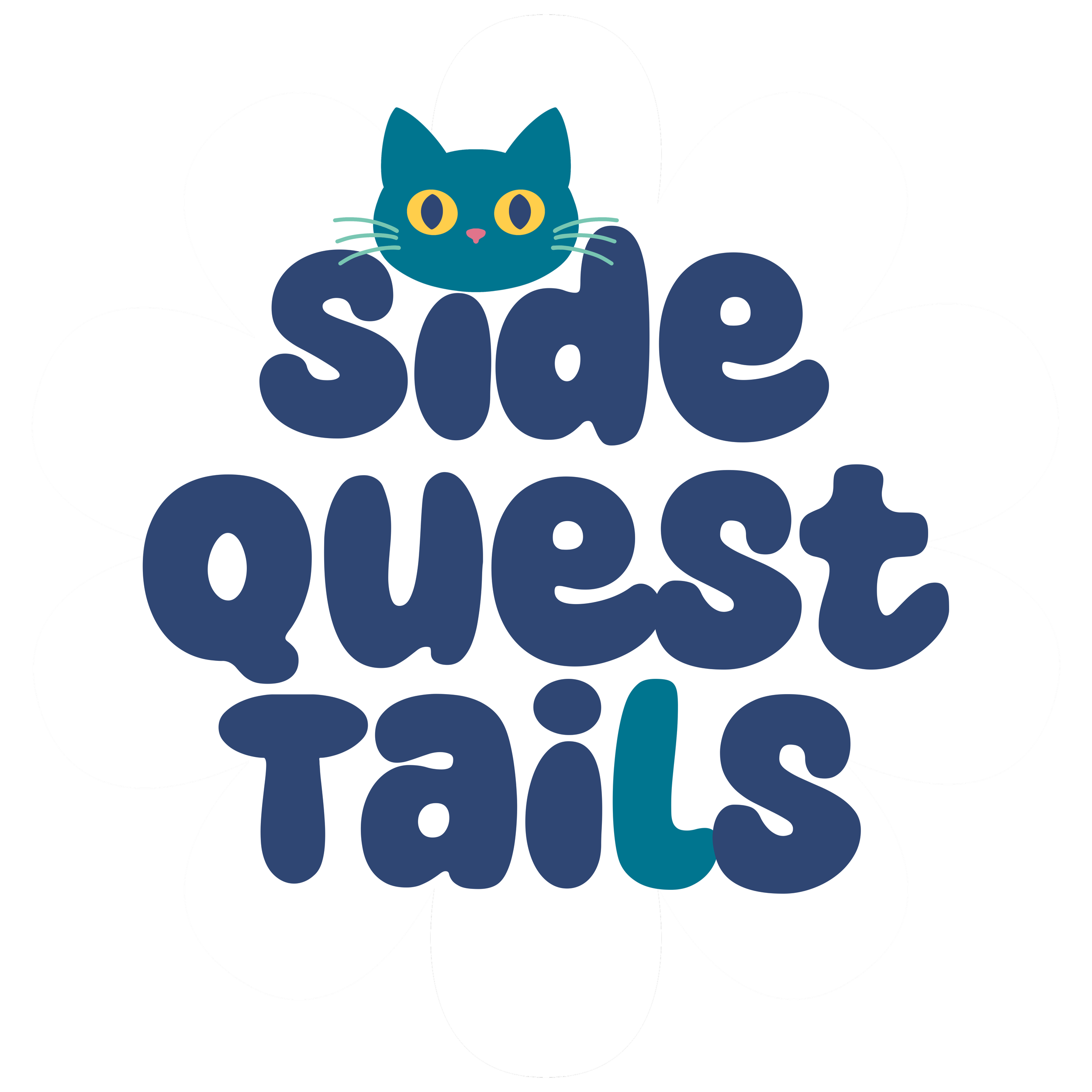 Side Quest Tails on top of white retro flower shape