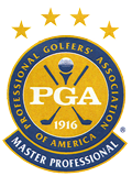 PGA logo with gold stars and crossed golf clubs, indicating PGA Master Professional Dave Cahill.