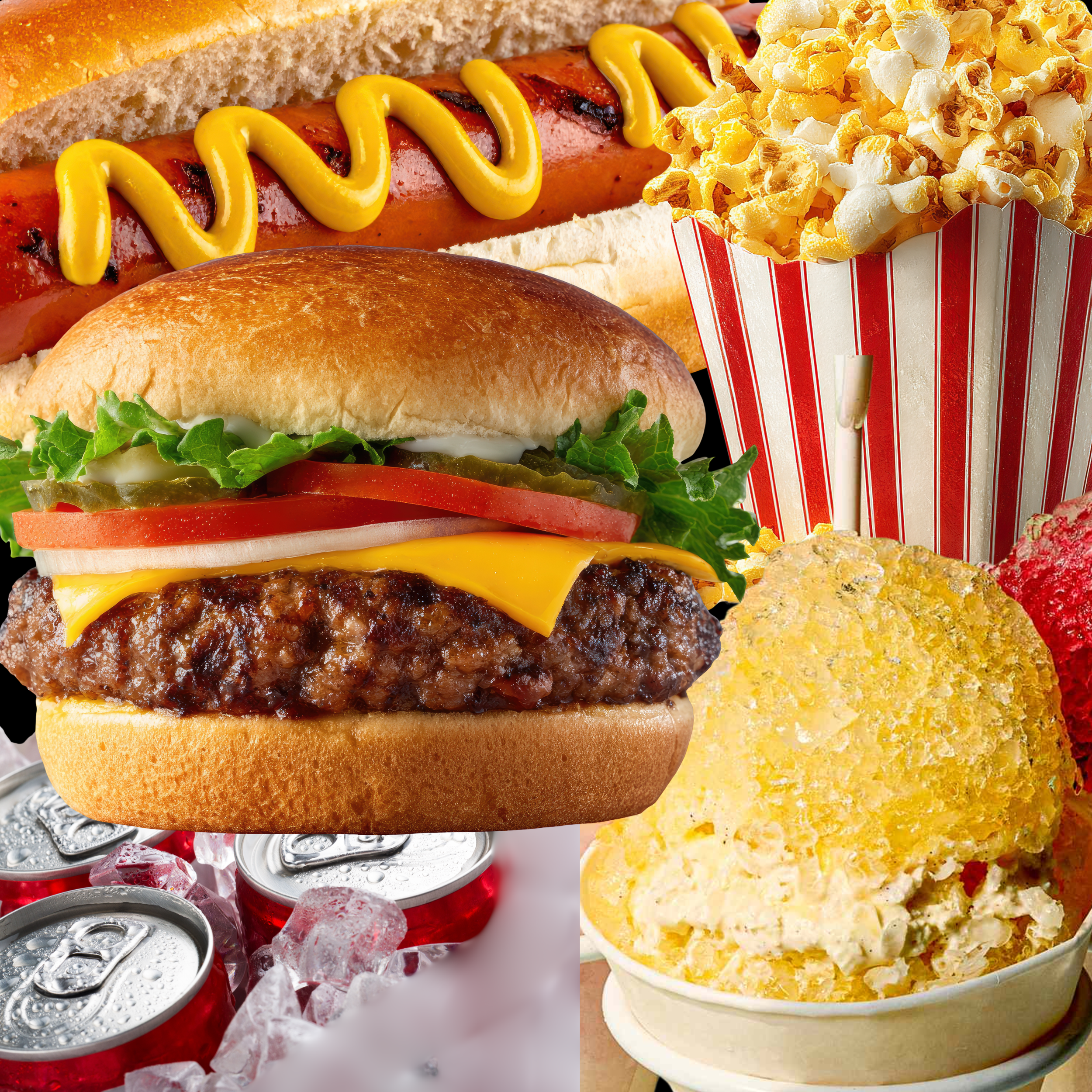 A close-up of a hot dog with mustard in a bun, a hamburger with lettuce, tomato, and cheese, a container of popcorn, and soda cans on ice in the background.