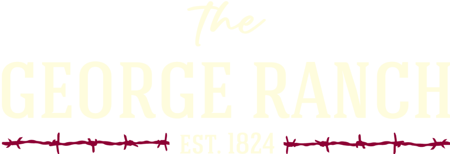 Text logo for The George Ranch, established 1824, with ornamental barbed wire design.