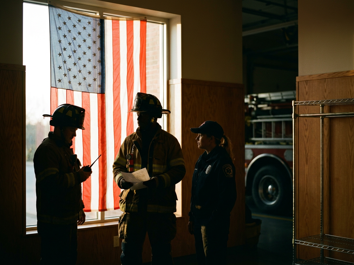 Three firefighters inside a fire station near an American flag hanging on the window, with a fire truck partially visible in the background.