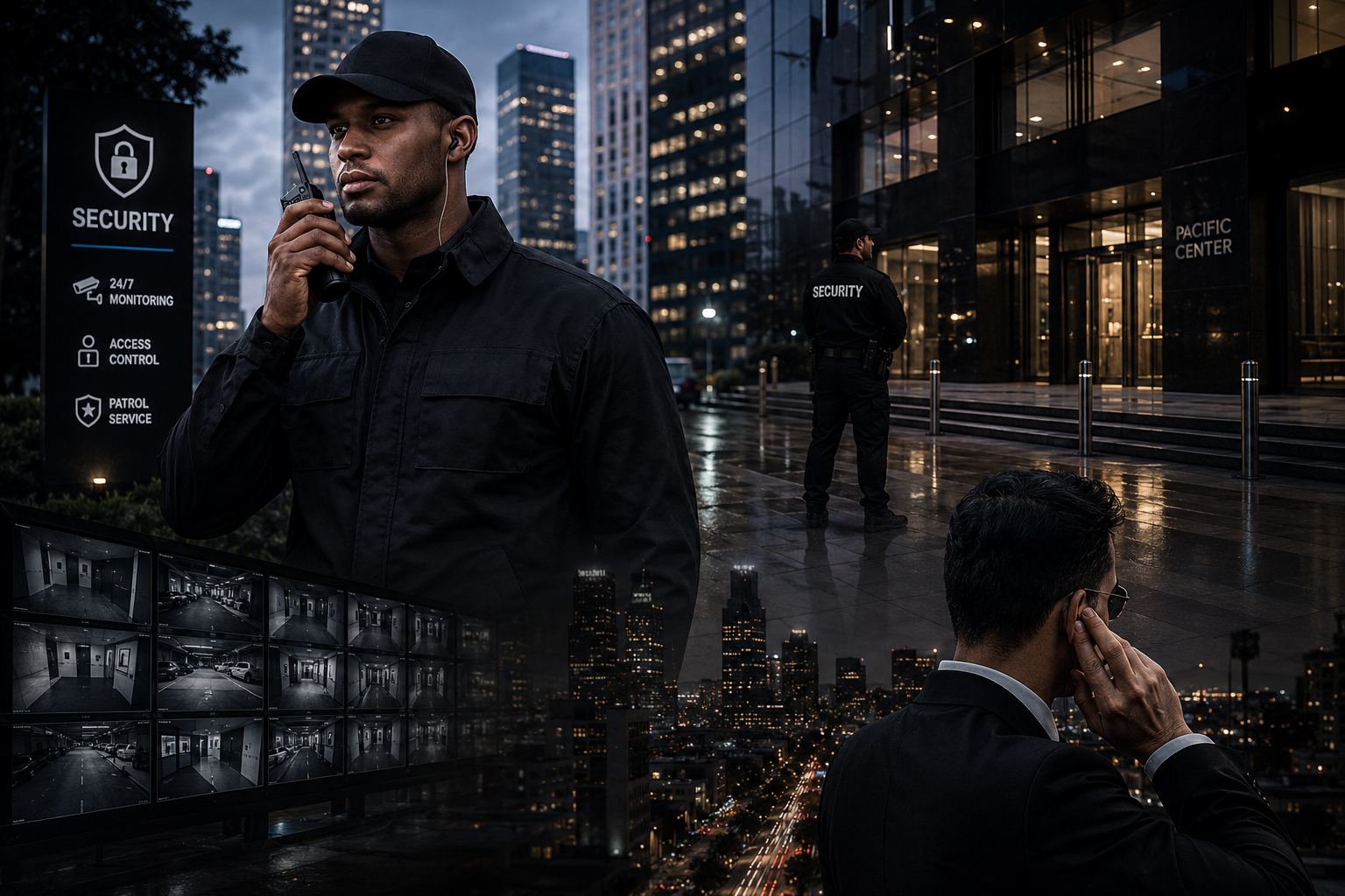 Security guards standing outside a modern office building at night, with security signage, surveillance screens, and cityscape background.