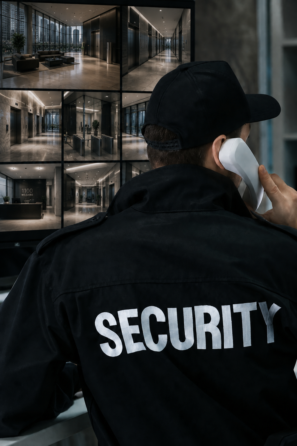A security guard with a black cap and jacket labeled 'SECURITY' is talking on a white phone inside a modern office building lobby with glass walls, elevators, and seating area, viewed from behind.
